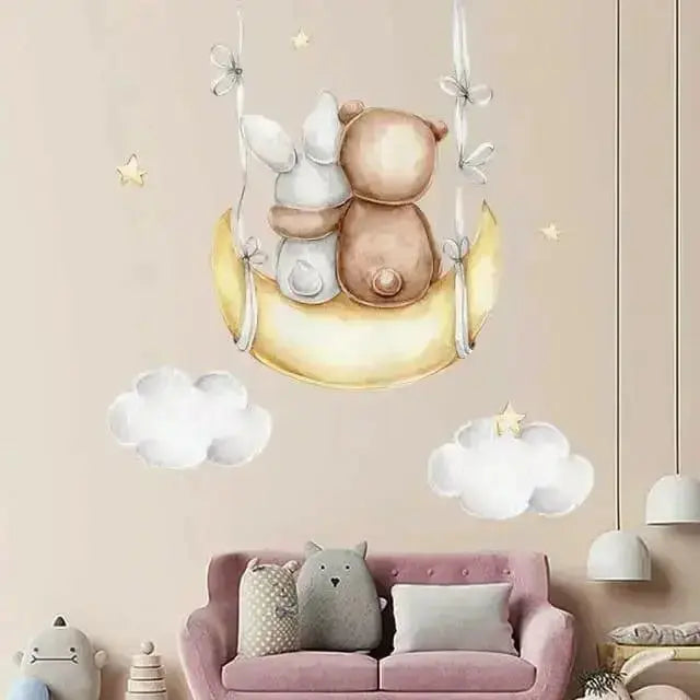 Bear and Bunny Moon Wallpaper Stickers - Whimsical Room Decor - Easy do Wall do