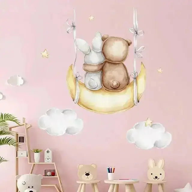 Bear and Bunny Moon Wallpaper Stickers - Whimsical Room Decor - Easy do Wall do