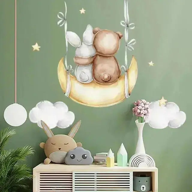 Bear and Bunny Moon Wallpaper Stickers - Whimsical Room Decor - Easy do Wall do