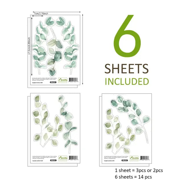 Green Leaf Wall Sticker Set - Pack of 6 Sheets (14 Pieces Total) Easy do Wall do