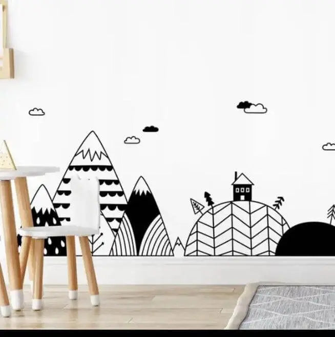 Minimalist mountain landscape wall decal with trees and a house for kids' room decor in Lebanon