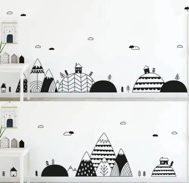 Minimalist mountain landscape wall decal with trees and a house for kids' room decor in Lebanon