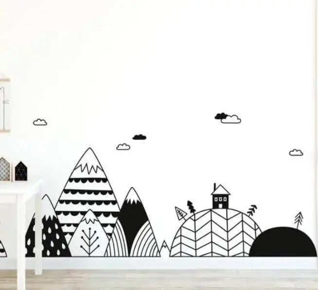 Minimalist mountain landscape wall decal with trees and a house for kids' room decor in Lebanon