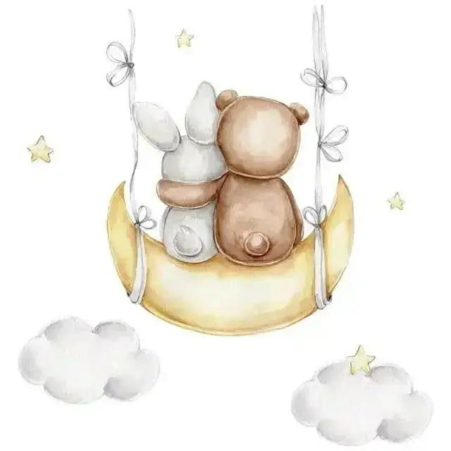 Bear and Bunny Moon Wallpaper Stickers - Whimsical Room Decor - Easy do Wall do