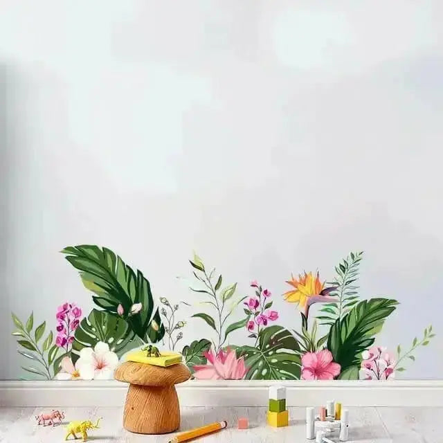 Colorful Flowers & Green Leaves Wallpaper Stickers - Vibrant Home Decor - Easy do Wall do