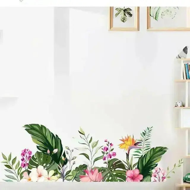 Colorful Flowers & Green Leaves Wallpaper Stickers - Vibrant Home Decor - Easy do Wall do