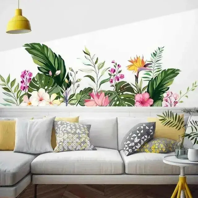 Colorful Flowers & Green Leaves Wallpaper Stickers - Vibrant Home Decor - Easy do Wall do