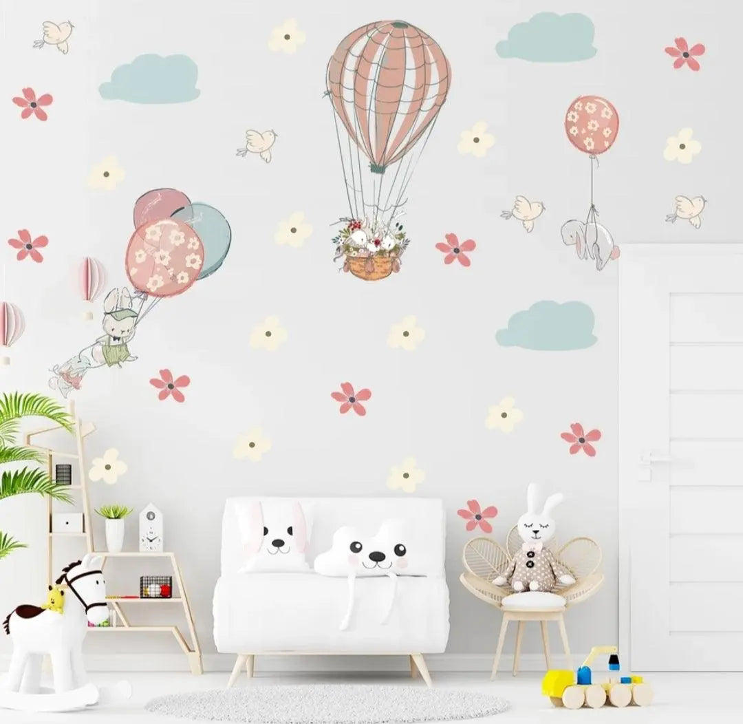 Adorable Bunny Hot Air Balloon Wall Stickers Easy do Wall do