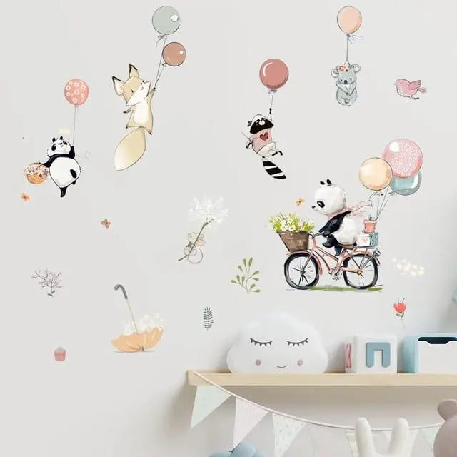 Cartoon pandas riding bicycles with balloons Easy do Wall do