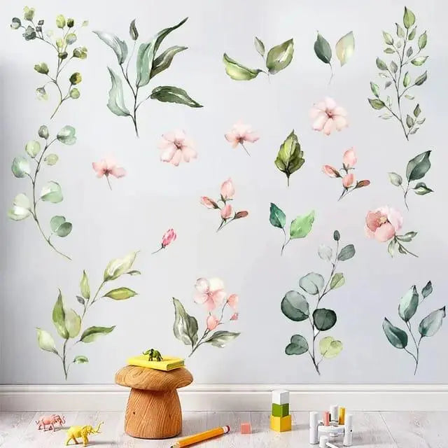 Green Leaves & Pink Flowers Wall Stickers Easy do Wall do