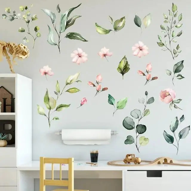 Green Leaves & Pink Flowers Wall Stickers Easy do Wall do