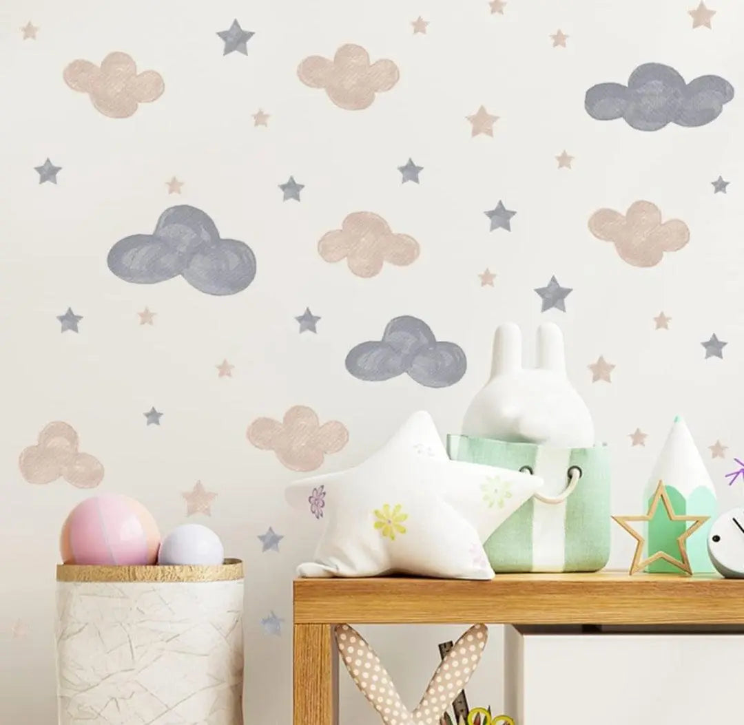 Grey and Beige Clouds with Stars Wall Sticker Easy do Wall do