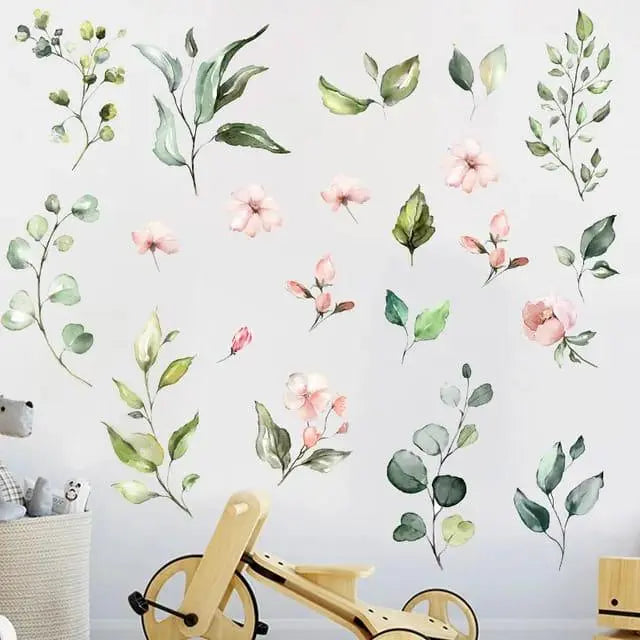 Green Leaves & Pink Flowers Wall Stickers Easy do Wall do