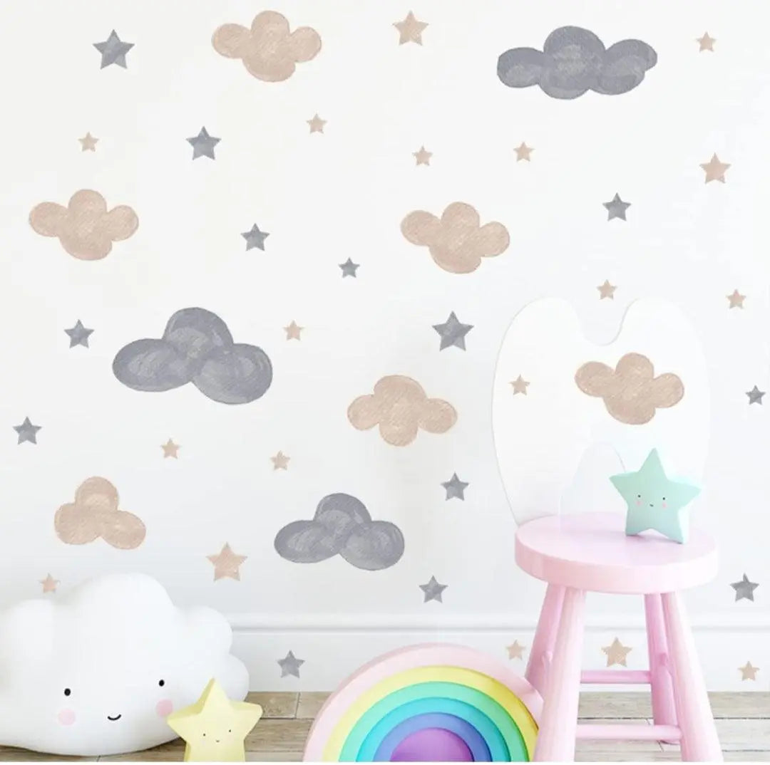 Grey and Beige Clouds with Stars Wall Sticker Easy do Wall do