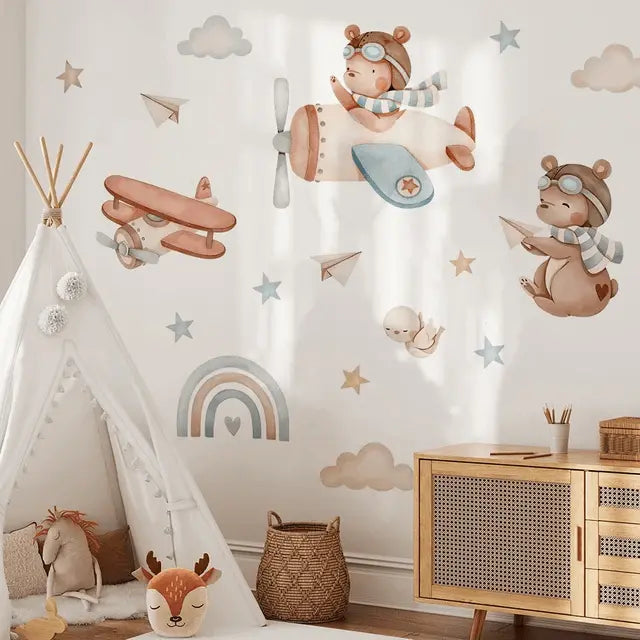 Flying Shuke clouds, rainbow, and airplanes with bears Easy do Wall do