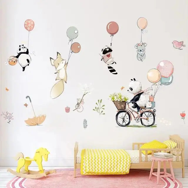 Cartoon pandas riding bicycles with balloons Easy do Wall do