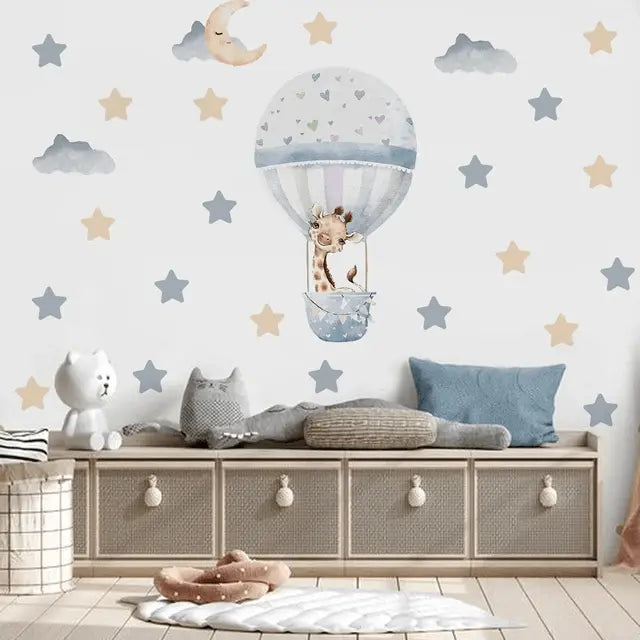 Cartoon Hot Air Balloon with Giraffe Wall Sticker for Baby Room Easy do Wall do