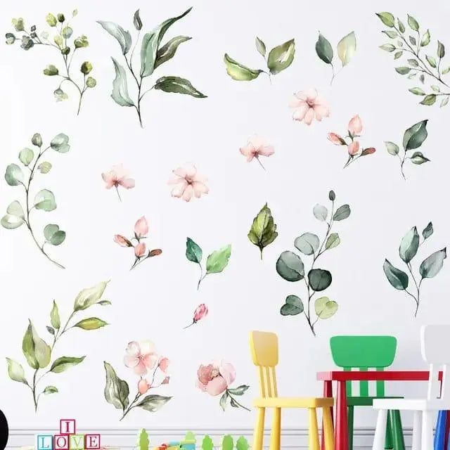 Green Leaves & Pink Flowers Wall Stickers Easy do Wall do