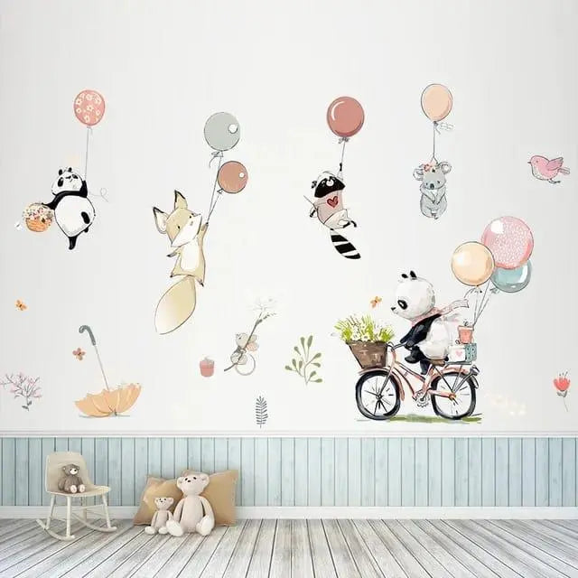 Cartoon pandas riding bicycles with balloons Easy do Wall do