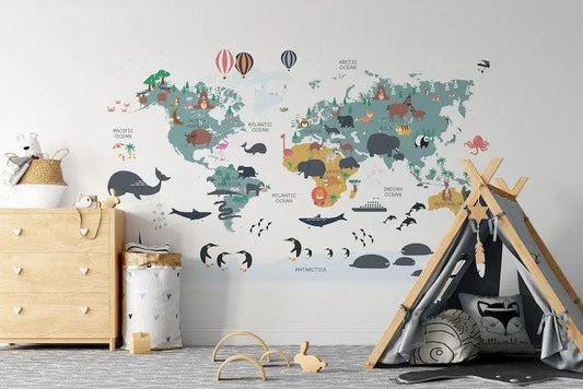 Educational Animal World Map Wall Mural - Easy do Wall do