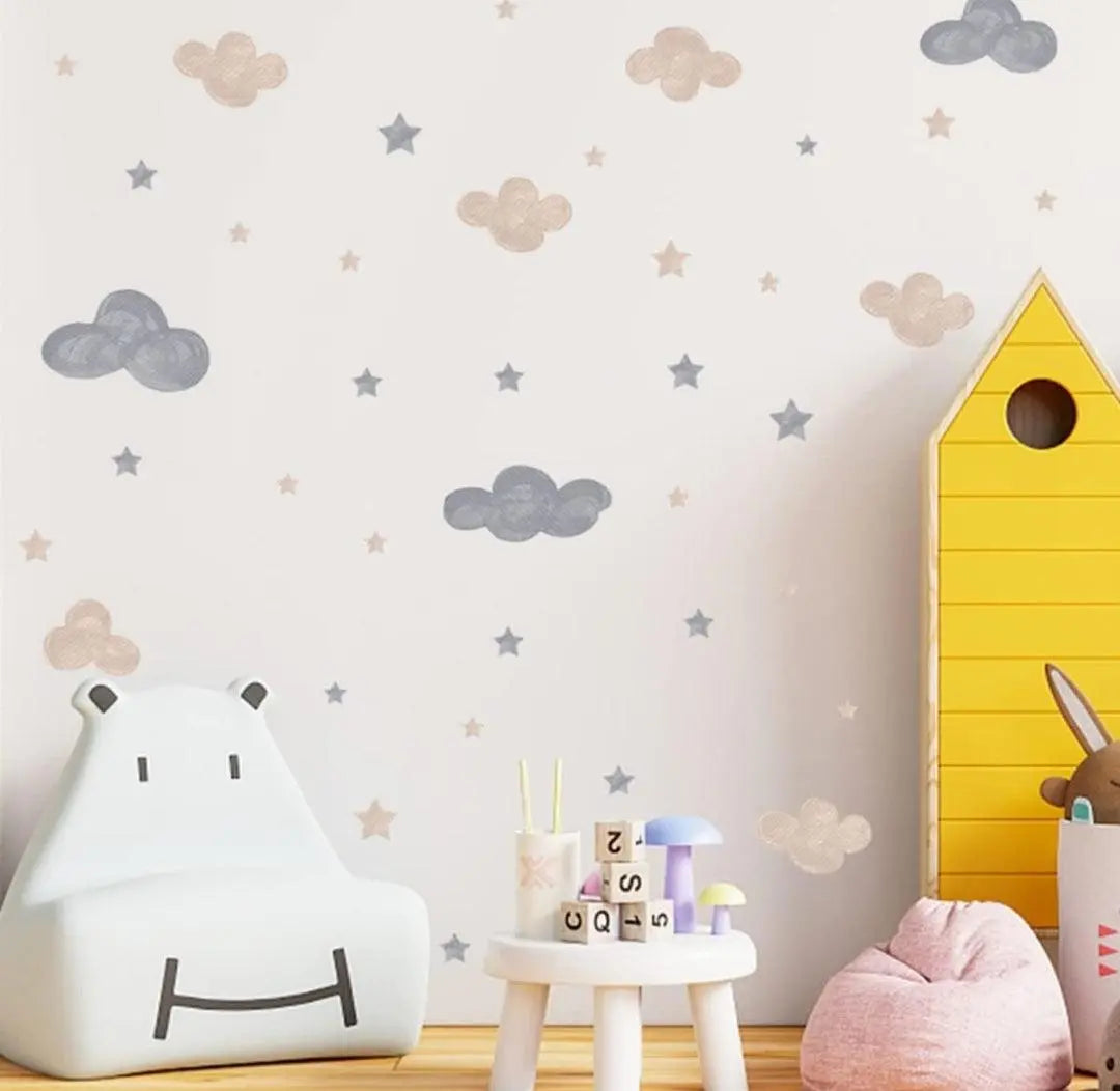 Grey and Beige Clouds with Stars Wall Sticker Easy do Wall do