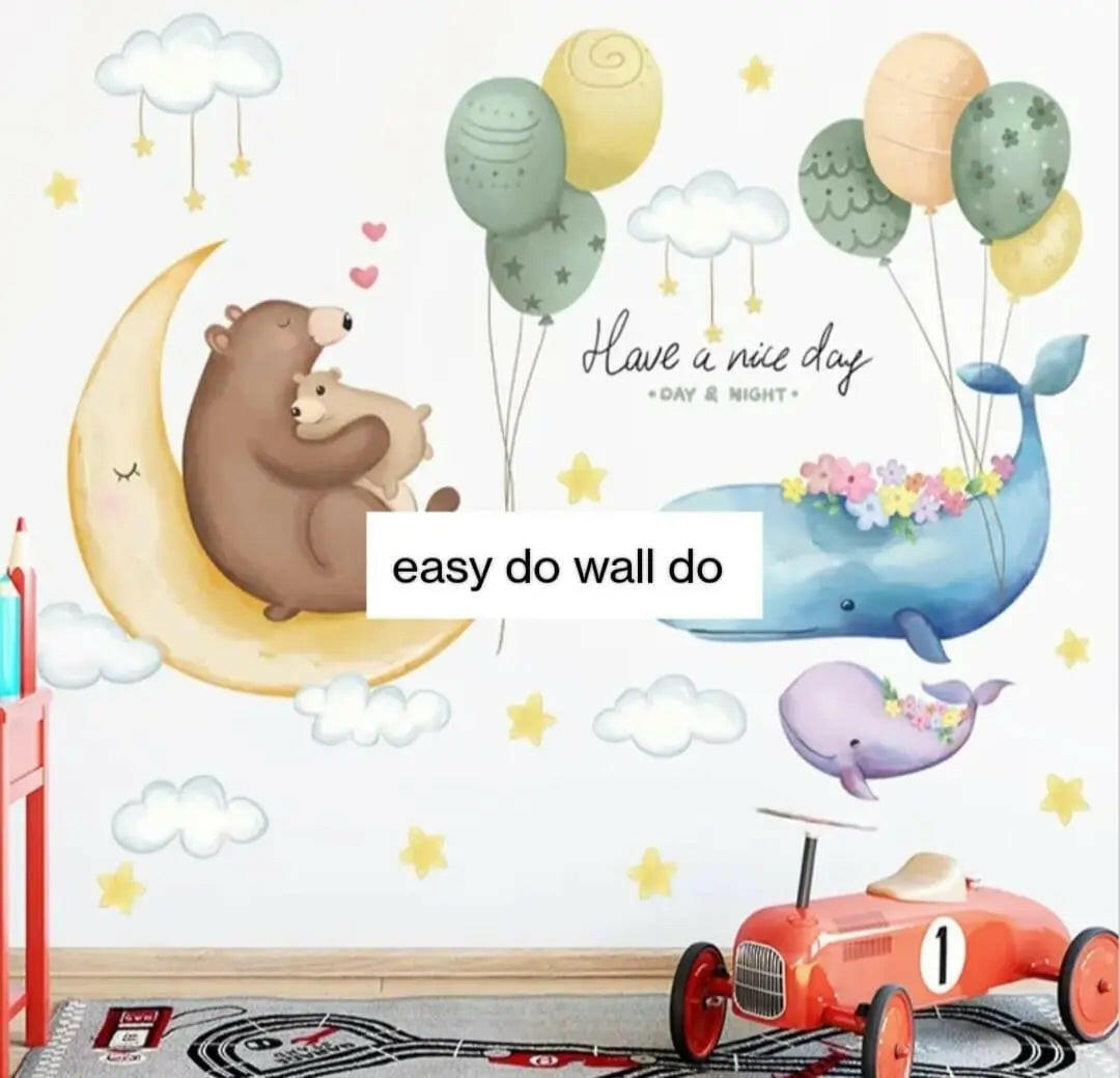 Moon, Bear, Whale, and Balloon Wall Sticker Set Easy do Wall do