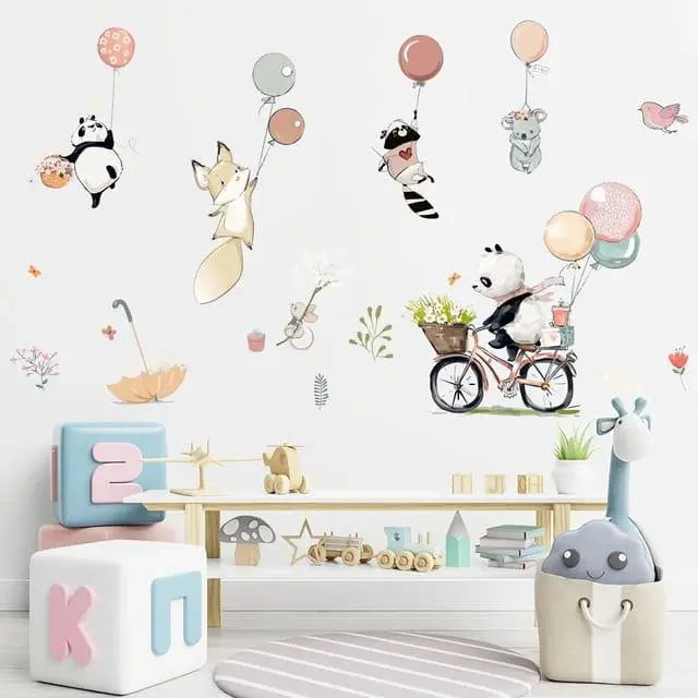 Cartoon pandas riding bicycles with balloons Easy do Wall do