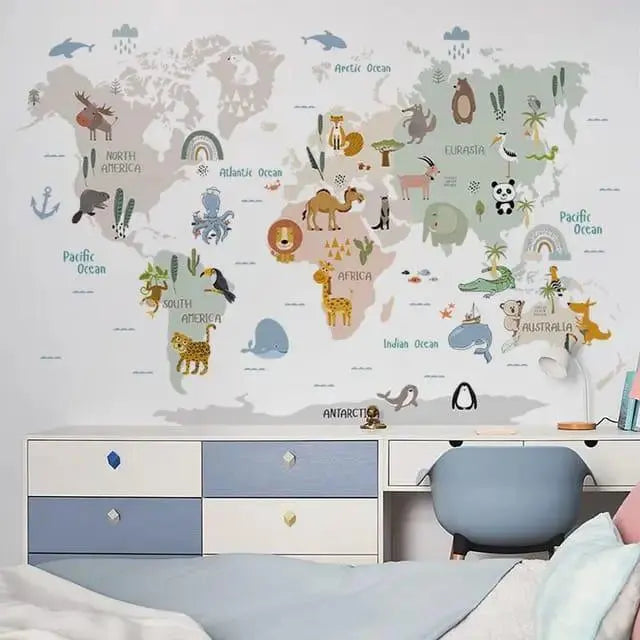 Adorable Animal World Map Wall Stickers Easy do Wall do