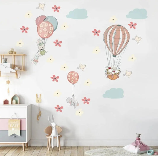 Adorable Bunny Hot Air Balloon Wall Stickers Easy do Wall do