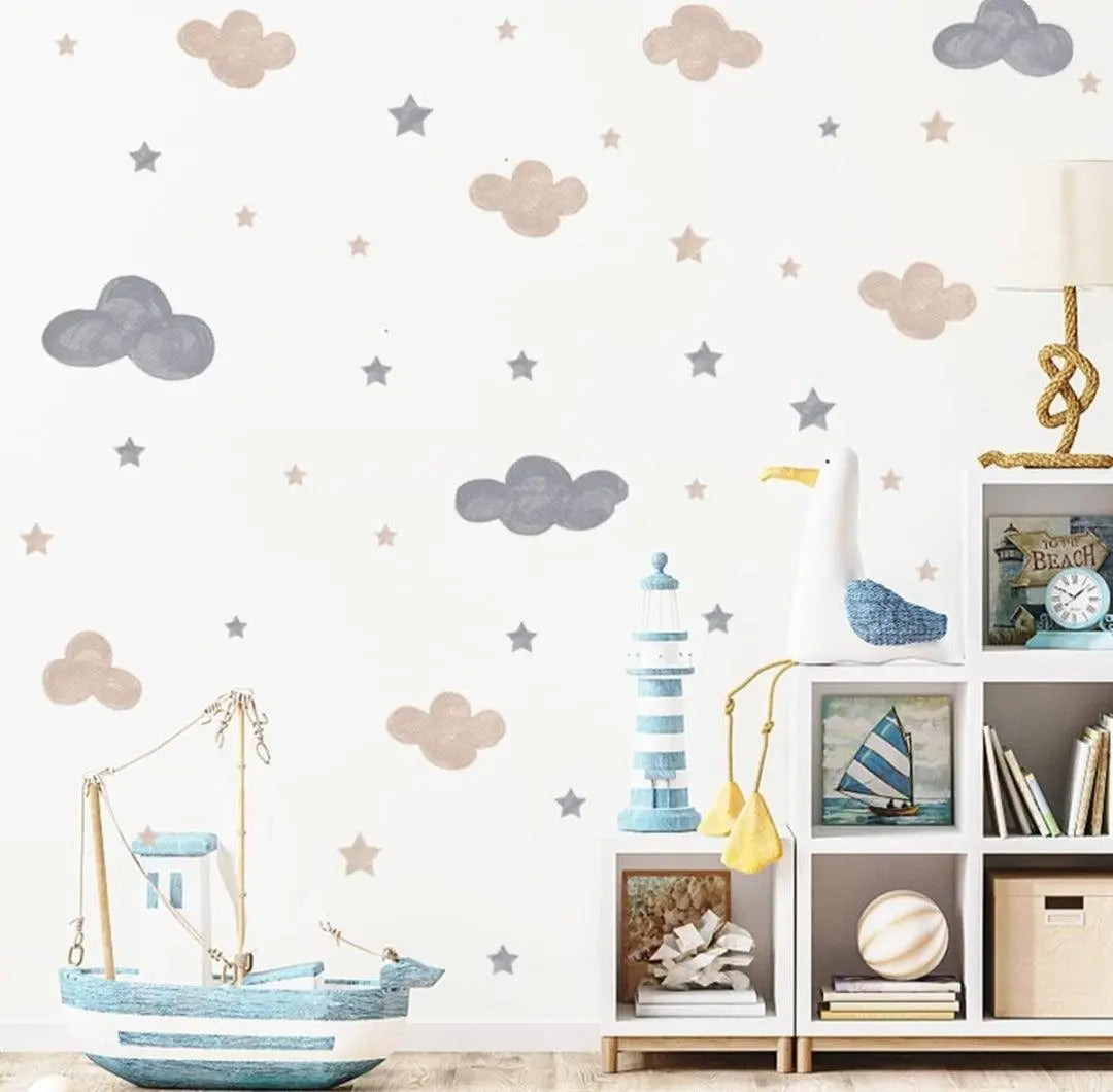 Grey and Beige Clouds with Stars Wall Sticker Easy do Wall do