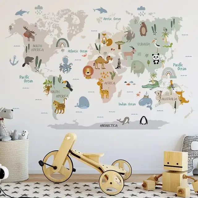 Adorable Animal World Map Wall Stickers Easy do Wall do