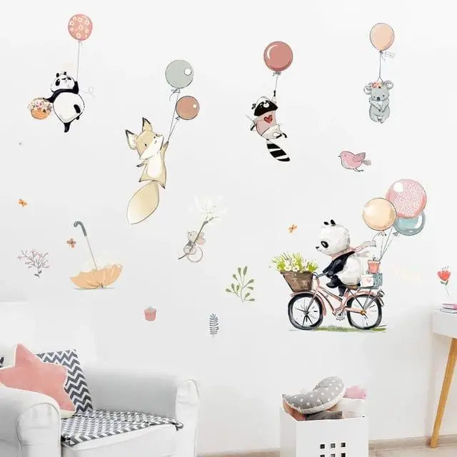 Cartoon pandas riding bicycles with balloons Easy do Wall do