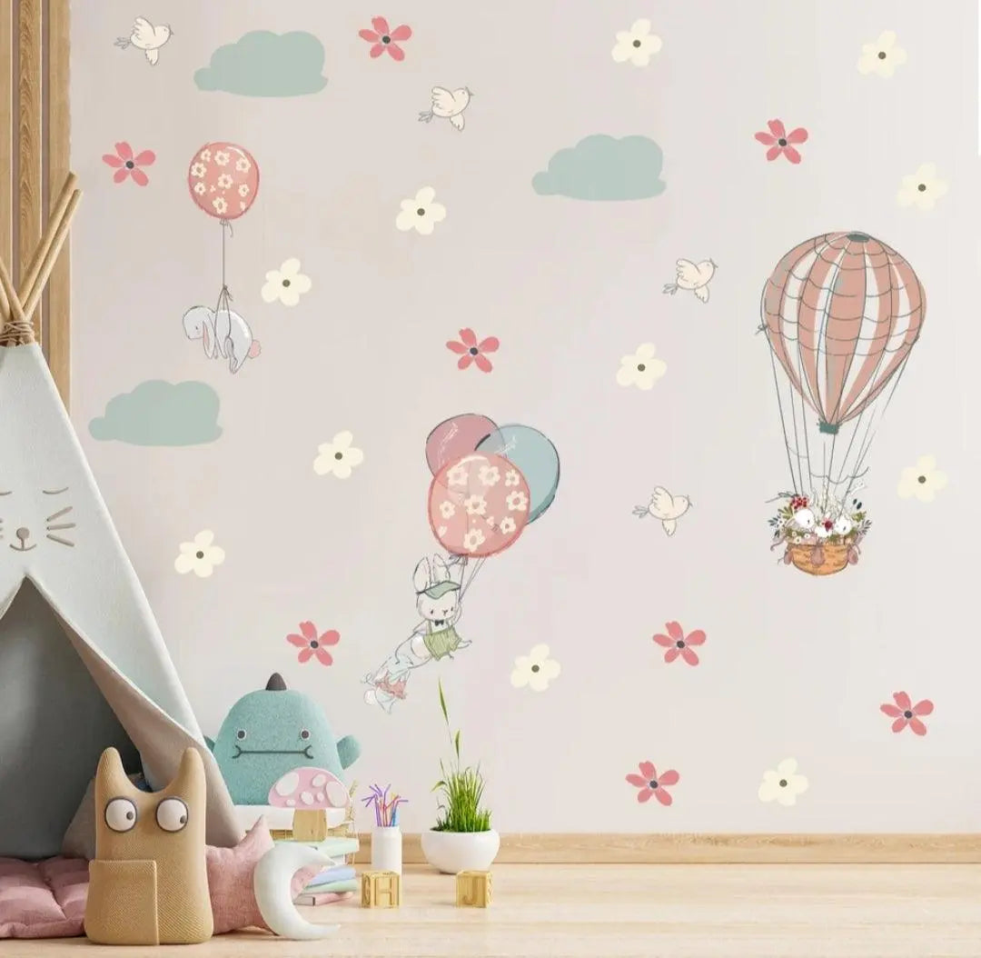 Adorable Bunny Hot Air Balloon Wall Stickers Easy do Wall do