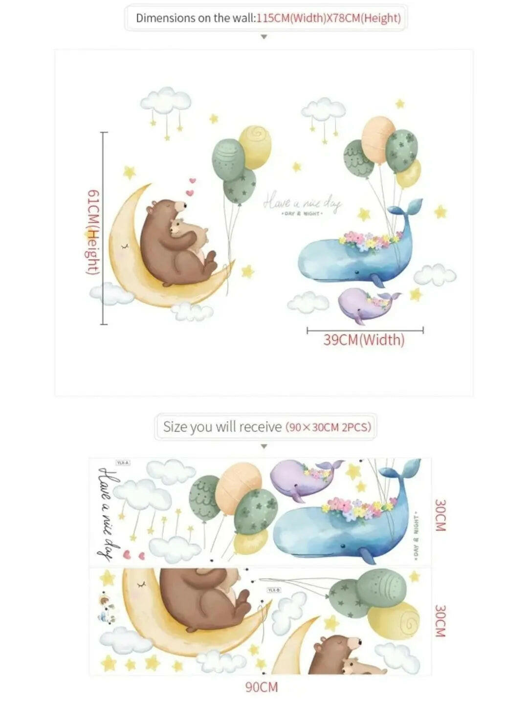 Moon, Bear, Whale, and Balloon Wall Sticker Set Easy do Wall do