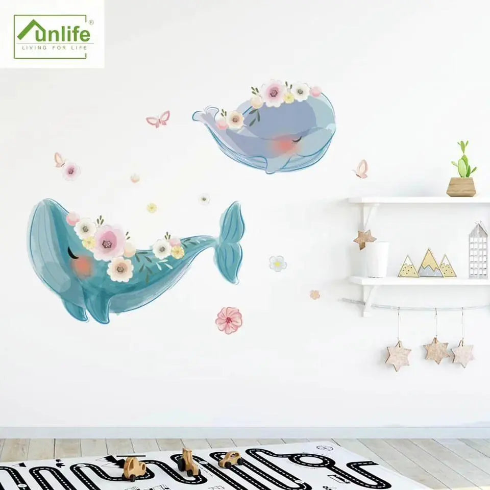 Adorable Whale and Floral Wall Decals - Bedroom Decoration Easy do Wall do