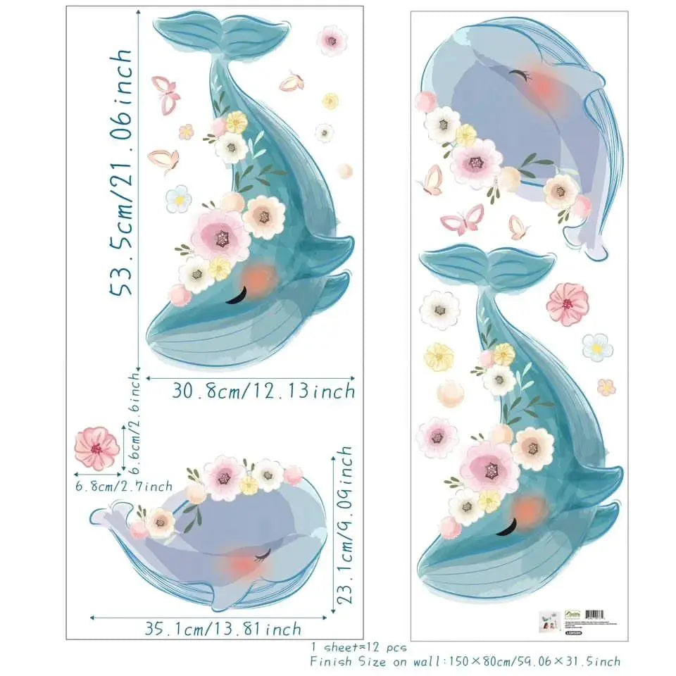 Adorable Whale and Floral Wall Decals - Bedroom Decoration Easy do Wall do