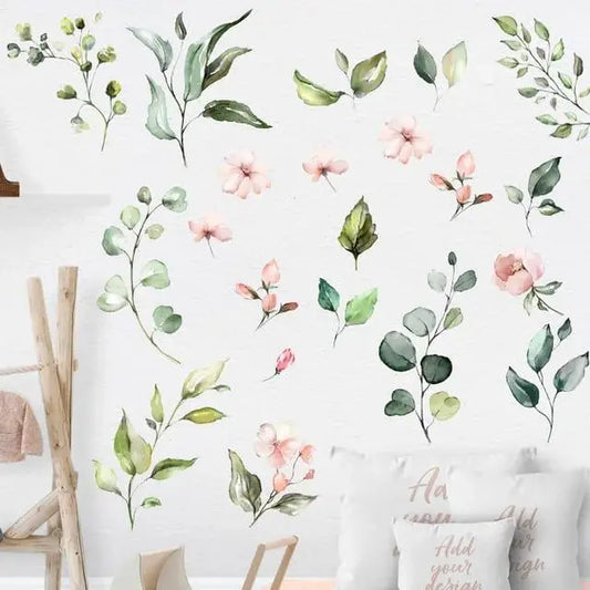 Green Leaves & Pink Flowers Wall Stickers Easy do Wall do