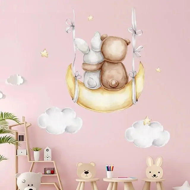 Adorable Bear and Bunny Moon Wall Stickers Easy do Wall do