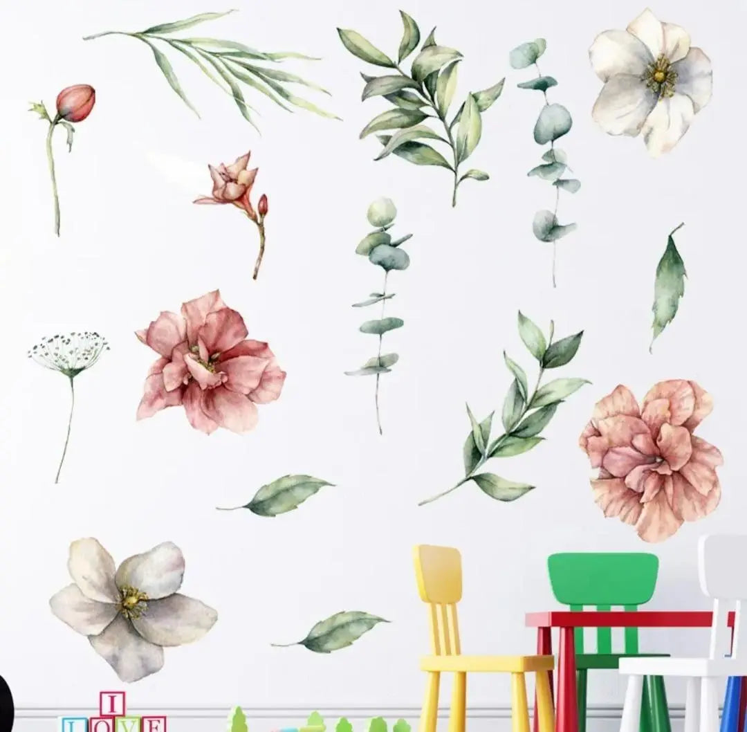 Watercolor Floral Wall Stickers - Pink Peonies & Green Leaves Easy do Wall do