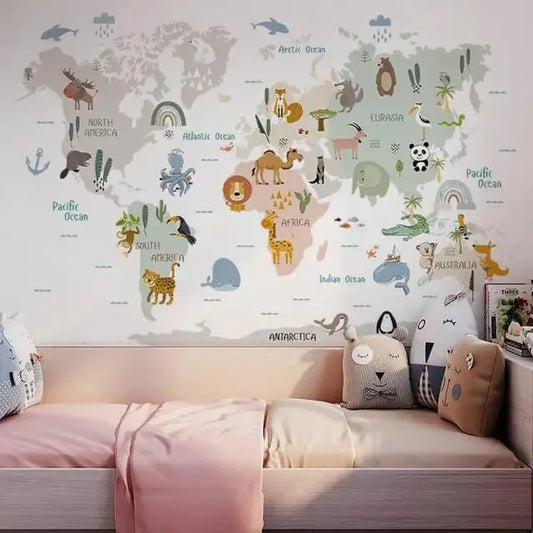 Adorable Animal World Map Wall Stickers Easy do Wall do