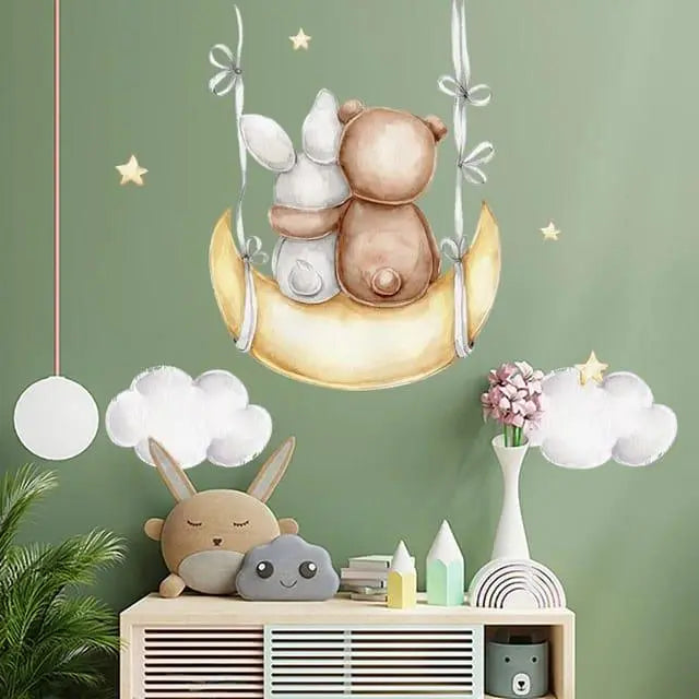 Adorable Bear and Bunny Moon Wall Stickers Easy do Wall do