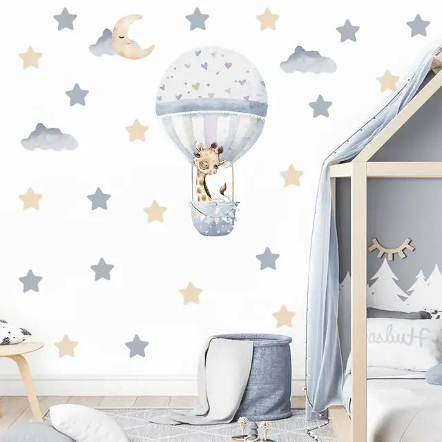 Cartoon Hot Air Balloon with Giraffe Wall Sticker for Baby Room Easy do Wall do