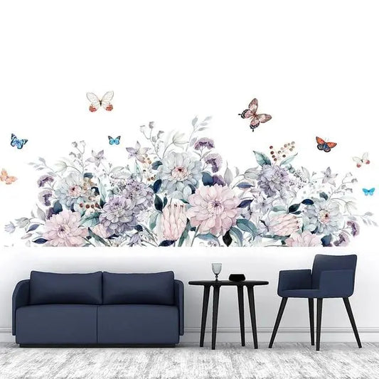 Light Pink Blue Pink Purple Camellia Flower Wall Sticker Colorful Butterflies Wallpaper For Girl's Bedroom Warm Home Decor Easy do Wall do