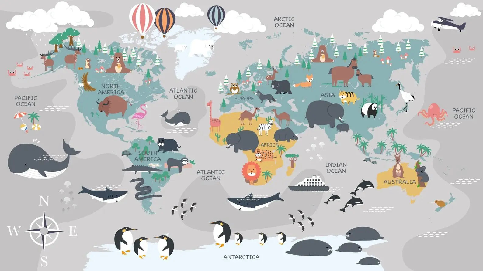 Educational Animal World Map Wall Mural - Easy do Wall do