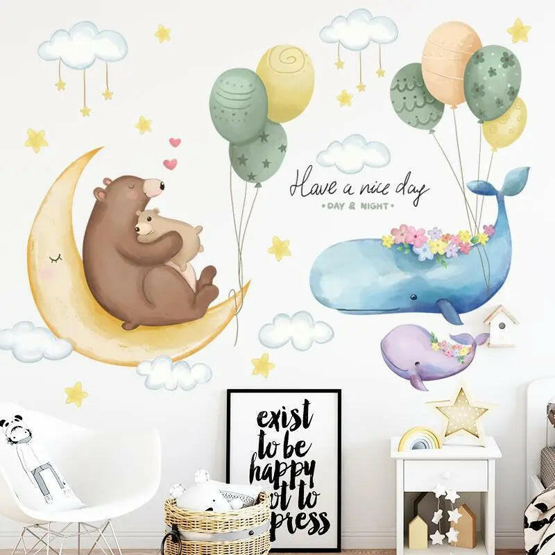 Moon, Bear, Whale, and Balloon Wall Sticker Set Easy do Wall do