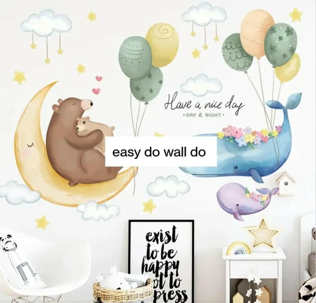 Moon, Bear, Whale, and Balloon Wall Sticker Set Easy do Wall do