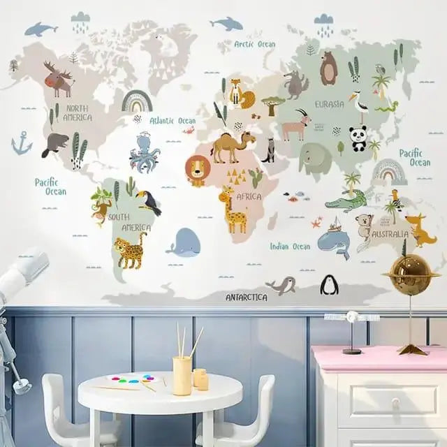 Adorable Animal World Map Wall Stickers Easy do Wall do