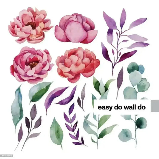 Watercolor Peony and Leaves Wall Sticker Set for Elegant Interiors - Easy do Wall do